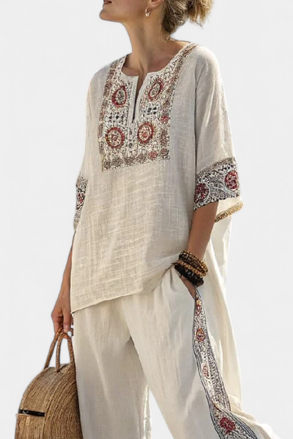 Faith - Ethnic Set Made of Linen and Bamboo with Stripes and Wide Cut
