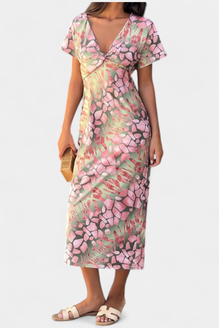 Dresses with Abstract Print and V-Neck Exposure