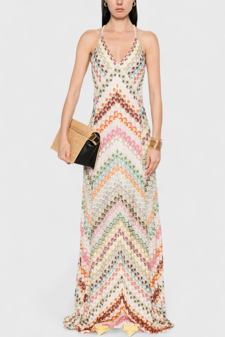 Long Agostina Dress with Lace and V Scott and Zigzag Pattern