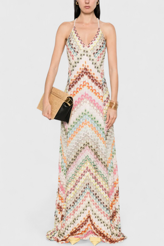 Long Agostina Dress with Lace and V Scott and Zigzag Pattern