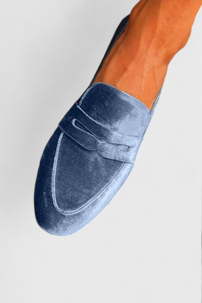 Llnica Velvet Blue Moccasins with Patchwork Details and Rounded Toe