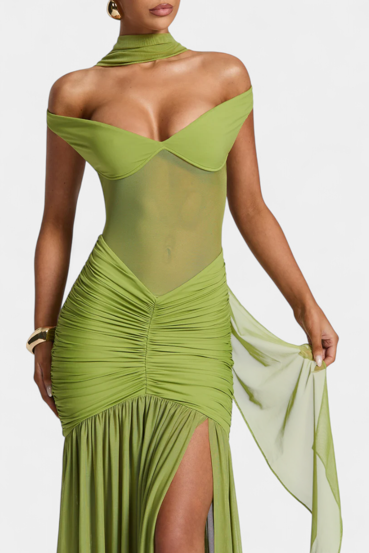 Long Silk Dresses with Deep Neckline and Elegant Pleats