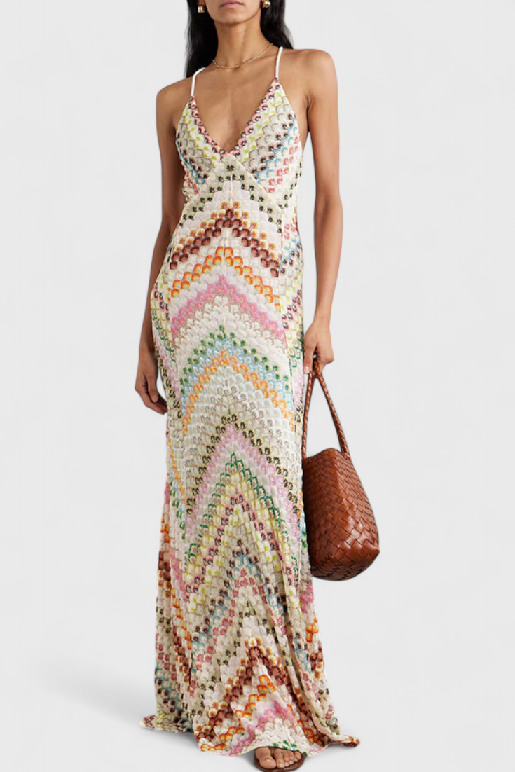 Long Agostina Dress with Lace and V Scott and Zigzag Pattern