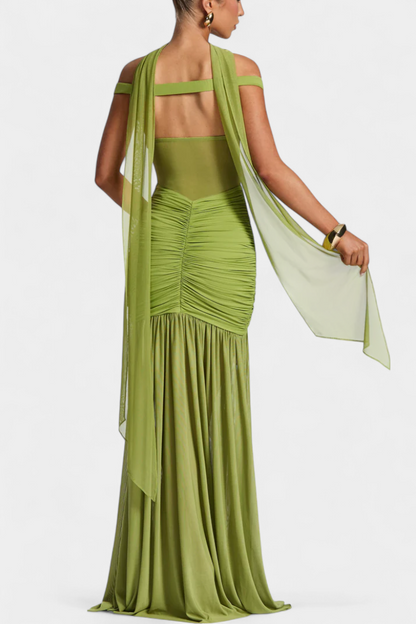 Long Silk Dresses with Deep Neckline and Elegant Pleats