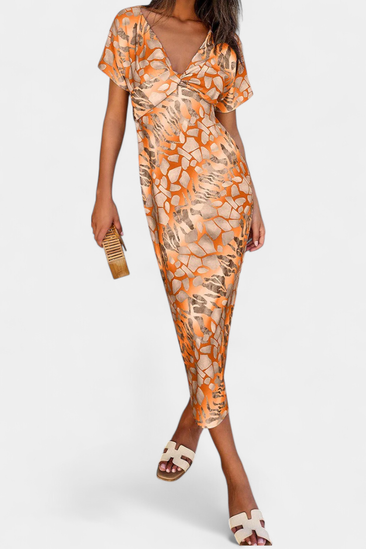 Dresses with Abstract Print and V-Neck Exposure