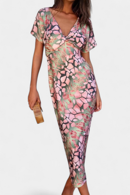 Dresses with Abstract Print and V-Neck Exposure