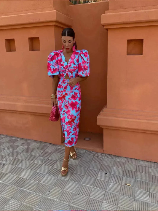 Ariel - Colorful Midi Dress with Rolled Sleeves