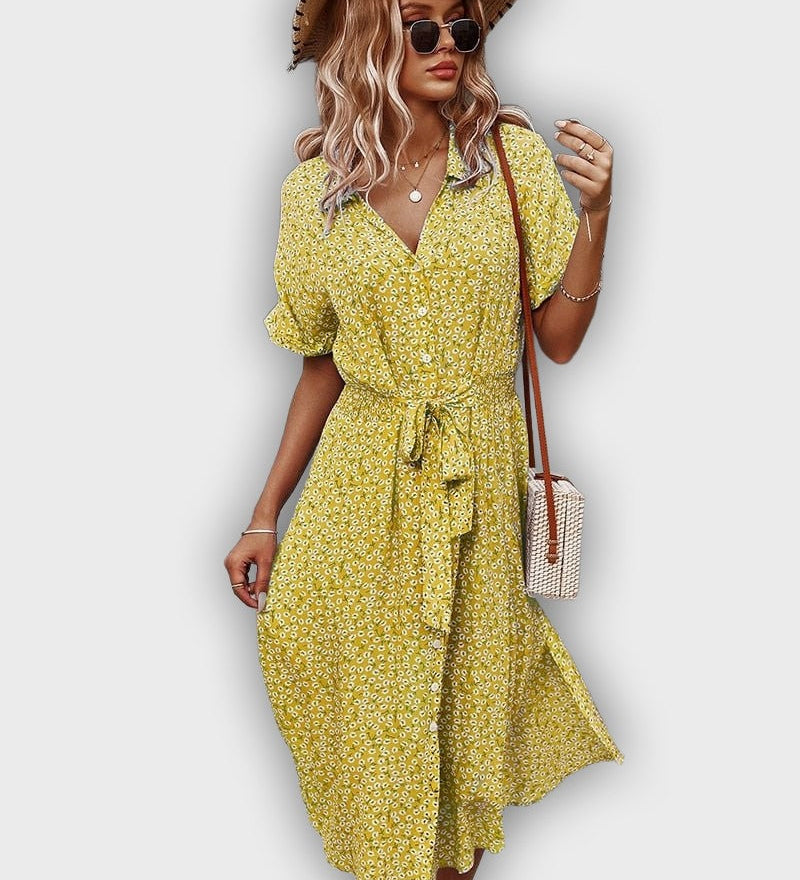 Casual Midi Summer Dress with Adjustable Waist and Flower Design