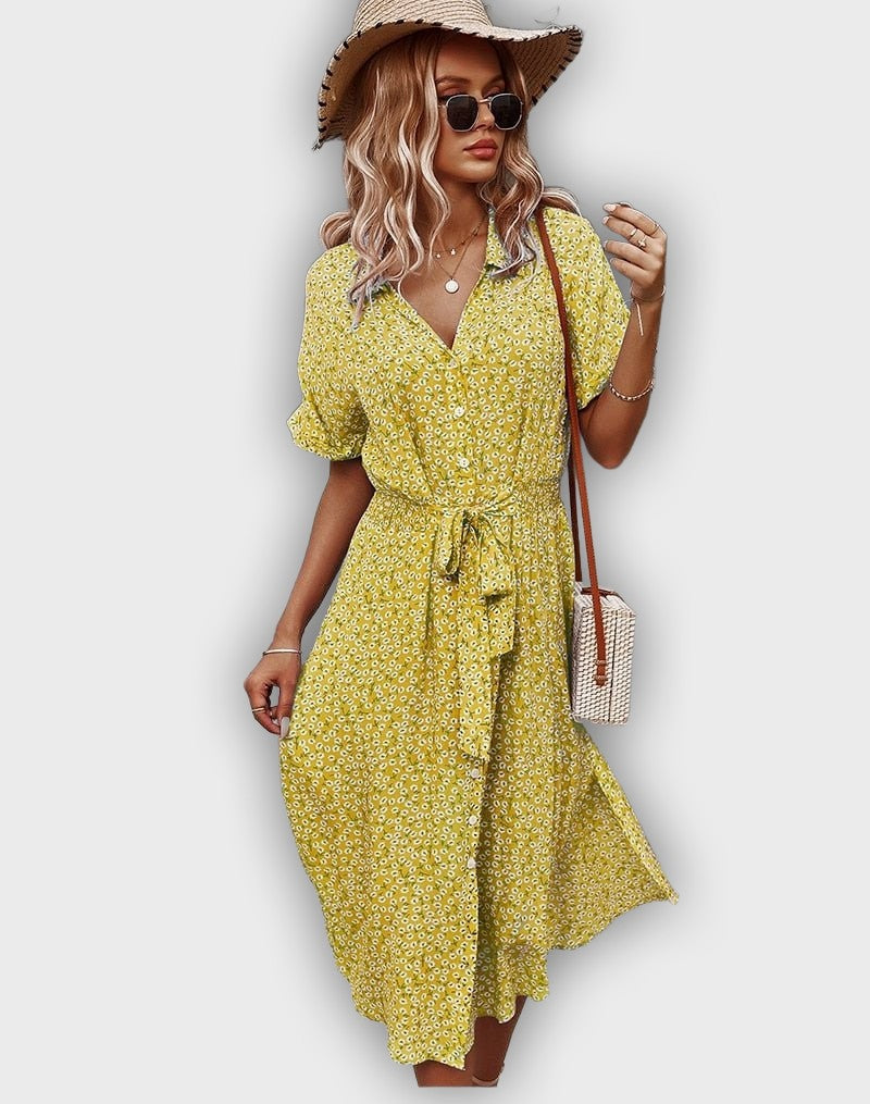 Casual Midi Summer Dress with Adjustable Waist and Flower Design
