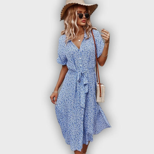 Casual Midi Summer Dress with Adjustable Waist and Flower Design