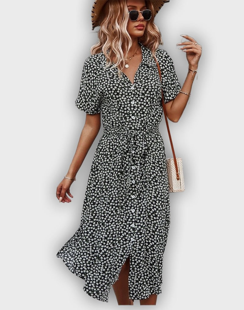Casual Midi Summer Dress with Adjustable Waist and Flower Design
