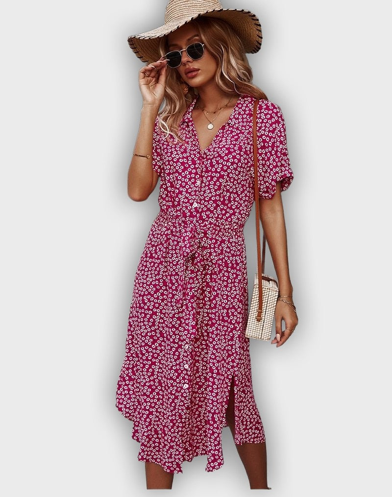 Casual Midi Summer Dress with Adjustable Waist and Flower Design