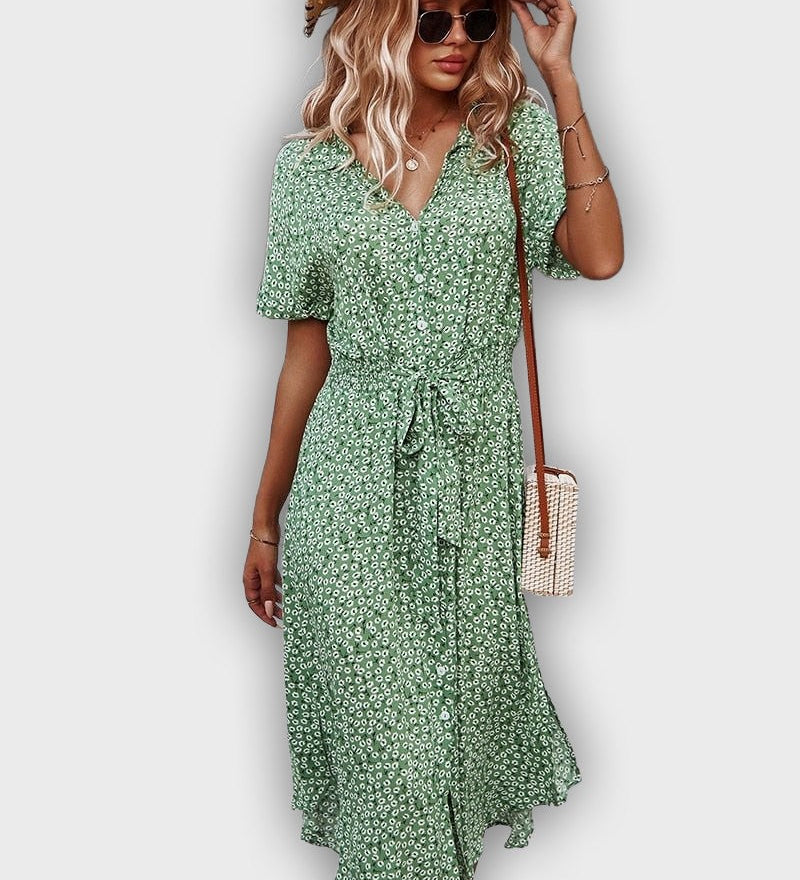 Casual Midi Summer Dress with Adjustable Waist and Flower Design