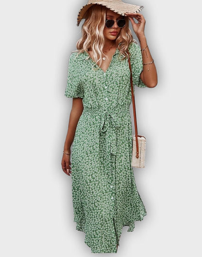 Casual Midi Summer Dress with Adjustable Waist and Flower Design